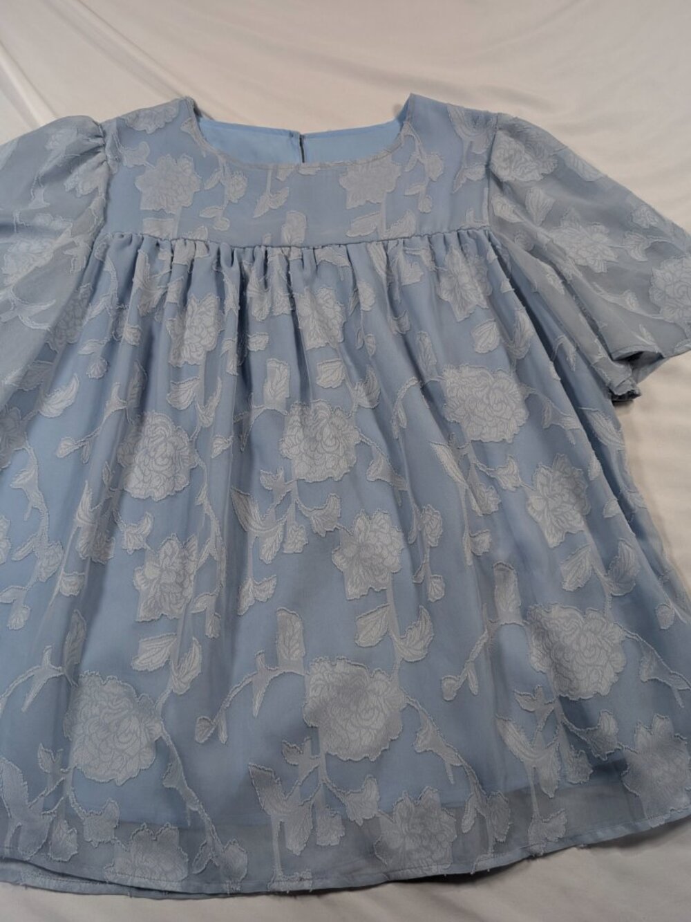 Soft dusty powder blue sheer jacquard / burnout floral top